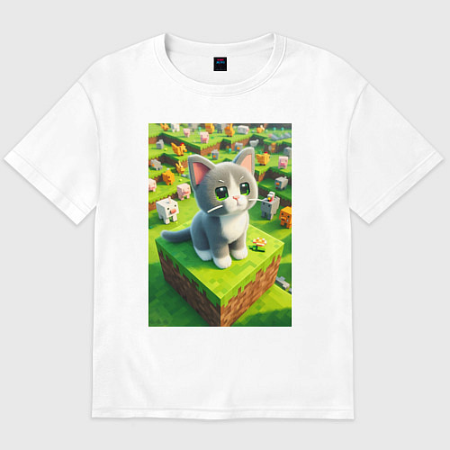 Мужская футболка оверсайз Funny kitten - Minecraft ai art / Белый – фото 1