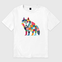 Футболка оверсайз мужская Funny wolf - patchwork ai art, цвет: белый