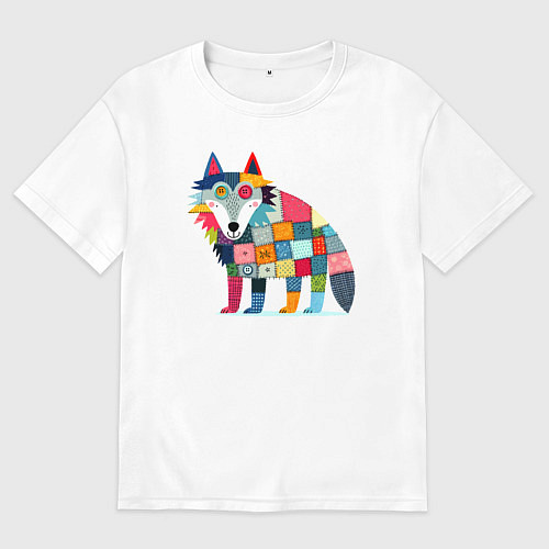 Мужская футболка оверсайз Funny wolf - patchwork ai art / Белый – фото 1