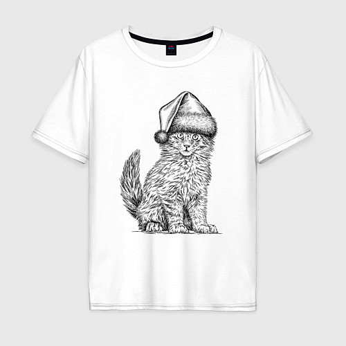 Мужская футболка оверсайз Новогодний котенок мейн-кун / Белый – фото 1