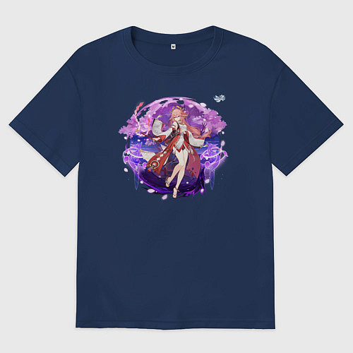 Мужская футболка оверсайз Яэ Мико из Геншин Импакт / Тёмно-синий – фото 1