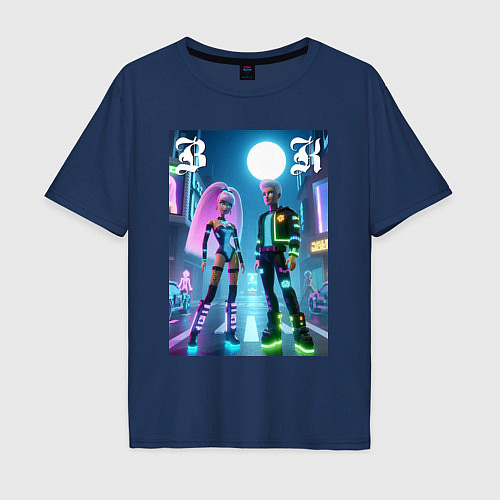 Мужская футболка оверсайз Барби и Кен в ночном городе - неон / Тёмно-синий – фото 1