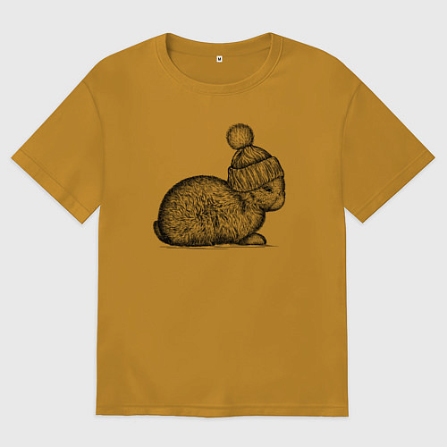 Мужская футболка оверсайз Зайченок в шапке / Горчичный – фото 1