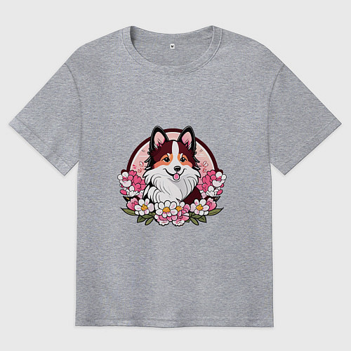 Мужская футболка оверсайз Колли среди цветов сакуры / Меланж – фото 1