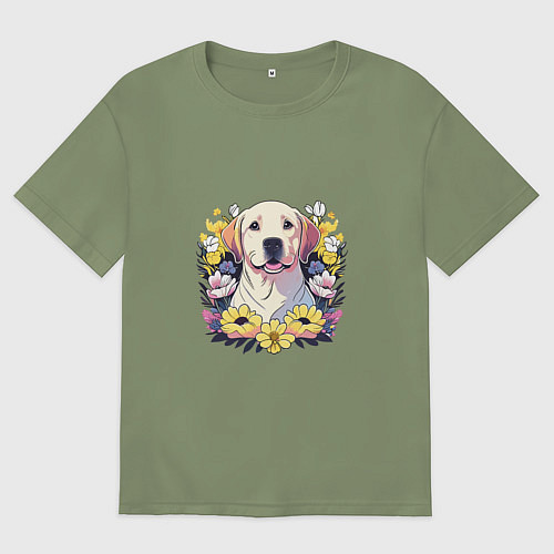 Мужская футболка оверсайз Лабрадор-ретривер среди цветов / Авокадо – фото 1