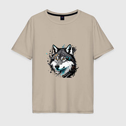 Мужская футболка оверсайз Портрет волка с брызгами краски
