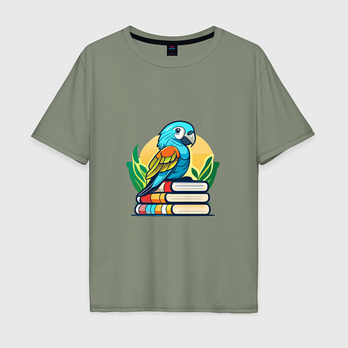 Мужская футболка оверсайз Попугай на стопке книг / Авокадо – фото 1