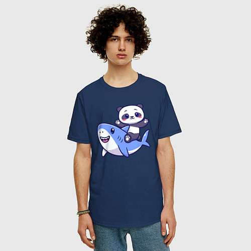 Мужская футболка оверсайз Панда и акула / Тёмно-синий – фото 3