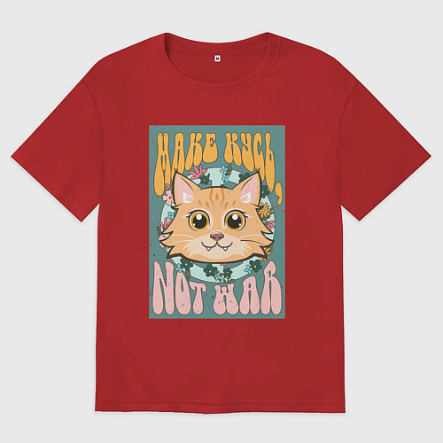 Мужская футболка оверсайз Винтажный рыжий кот пацифист / Красный – фото 1