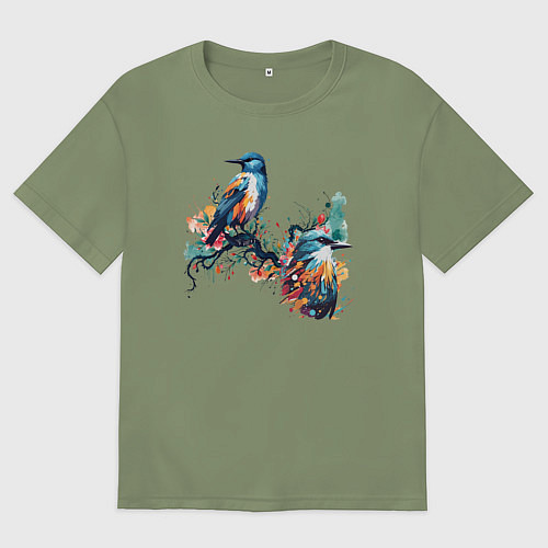 Мужская футболка оверсайз Птицы на ветке дерева / Авокадо – фото 1