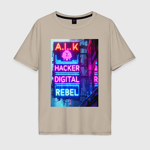 Мужская футболка оверсайз Ai hacker digital rebel - neon glow / Миндальный – фото 1