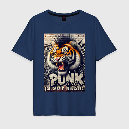 Мужская футболка оверсайз Cool tiger - punks not dead / Тёмно-синий – фото 1