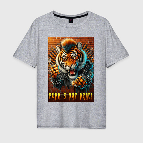 Мужская футболка оверсайз Punks not dead - motto tiger / Меланж – фото 1