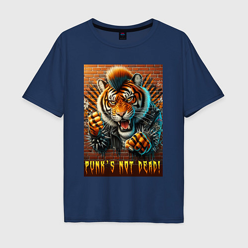 Мужская футболка оверсайз Punks not dead - motto tiger / Тёмно-синий – фото 1