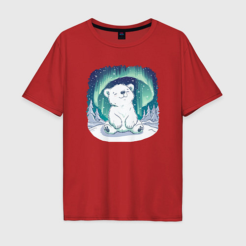 Мужская футболка оверсайз Белый медвежонок под северным сиянием / Красный – фото 1