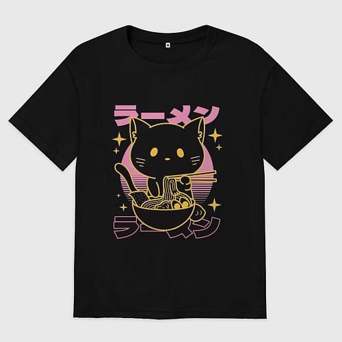 Мужская футболка оверсайз Котик с лапшой / Черный – фото 1