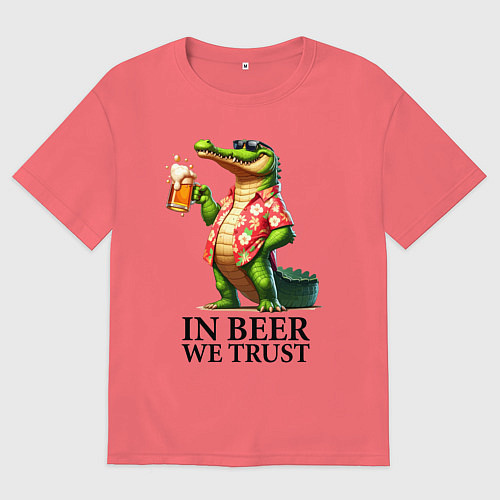 Мужская футболка оверсайз Мы верим в пиво - девиз / Коралловый – фото 1