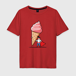 Футболка оверсайз мужская Забавный супермен держит огромный рожок мороженого, цвет: красный