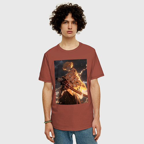 Мужская футболка оверсайз Клинок, рассекающий демонов Дзэнъицу Агацума молни / Кирпичный – фото 3