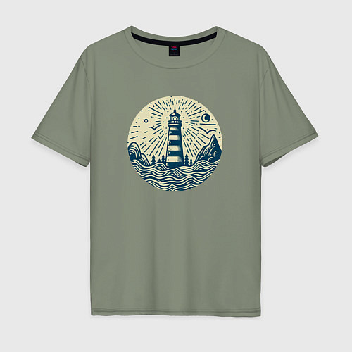 Мужская футболка оверсайз Стилизованный ночной морской пейзаж и маяк / Авокадо – фото 1