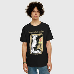 Футболка оверсайз мужская Кот в картонной коробке, цвет: черный — фото 2