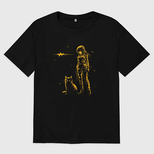 Мужская футболка оверсайз Киберпанк тян и кот / Черный – фото 1