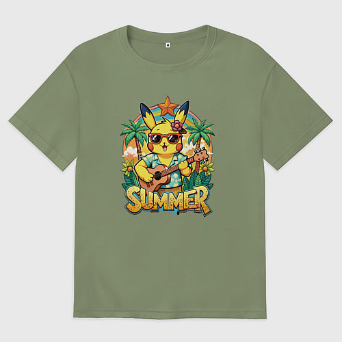 Мужская футболка оверсайз Пикачу с гитарой на гаваях - жаркое лето / Авокадо – фото 1