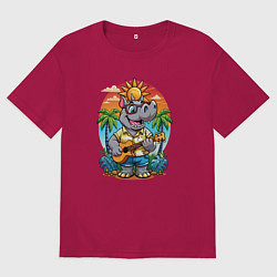 Футболка оверсайз мужская Носорог играет на гитаре жарким летом, цвет: маджента