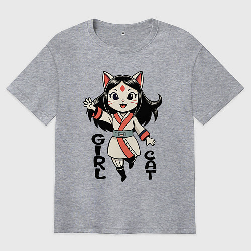 Мужская футболка оверсайз Девочка кошка в стиле аниме / Меланж – фото 1