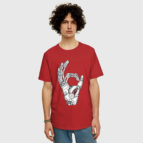 Мужская футболка оверсайз Знак Ок - робот / Красный – фото 3