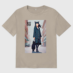 Футболка оверсайз мужская Девочка с кошкой в городе - нейросеть, цвет: миндальный