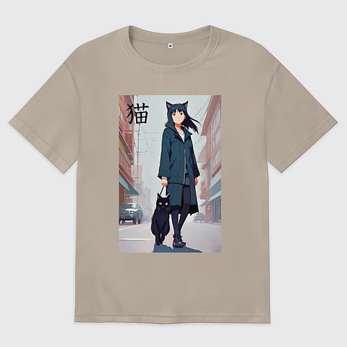 Мужская футболка оверсайз Девочка с кошкой в городе - нейросеть / Миндальный – фото 1