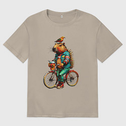 Футболка оверсайз мужская Капибара велосипед птичка на голове, цвет: миндальный
