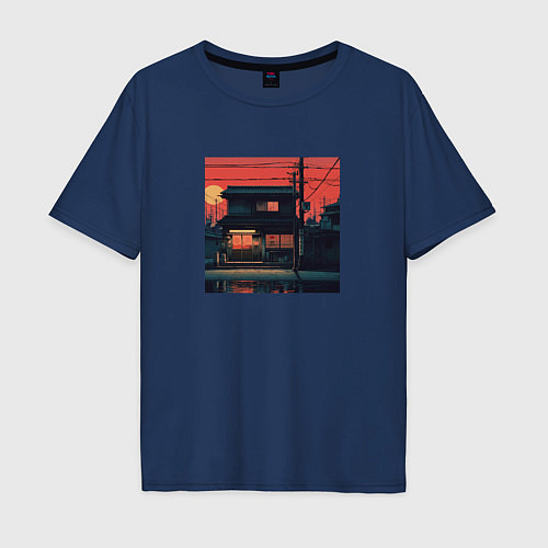 Мужская футболка оверсайз Дом на закате в стиле Аниме / Тёмно-синий – фото 1