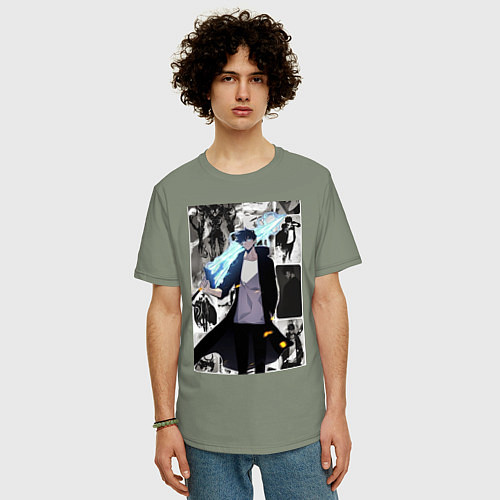 Мужская футболка оверсайз Поднятие уровня в одиночку Джину Сон охотник колла / Авокадо – фото 3