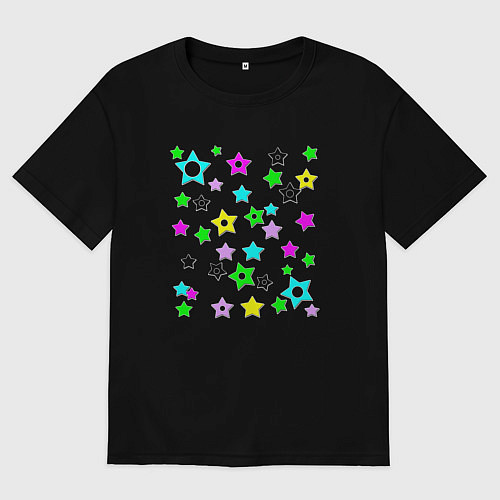 Мужская футболка оверсайз Разноцветные неоновые звезды / Черный – фото 1