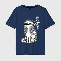 Футболка оверсайз мужская Кот самурай - сёто в зубах, цвет: тёмно-синий