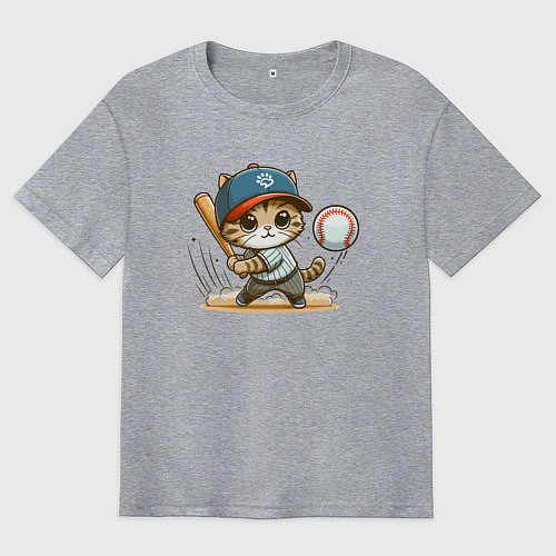 Мужская футболка оверсайз Котёнок крутой баттер бейсбольной команды - нейрос / Меланж – фото 1