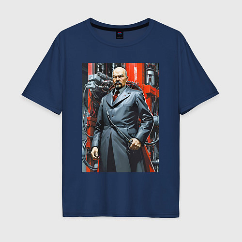 Мужская футболка оверсайз Ленин в кожанке - киберпанк / Тёмно-синий – фото 1