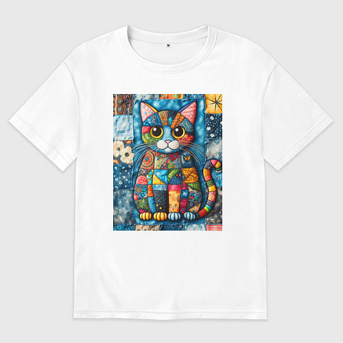 Мужская футболка оверсайз Прикольный котик - пэчворк / Белый – фото 1