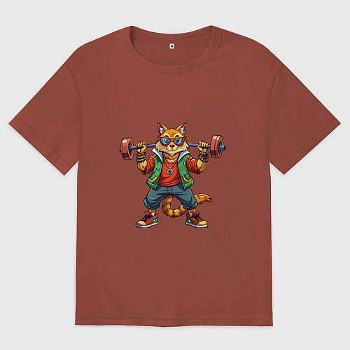Мужская футболка оверсайз Крутой рыжий кото держит гантель / Кирпичный – фото 1