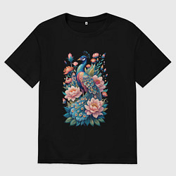 Футболка оверсайз мужская Павлин среди цветов, цвет: черный