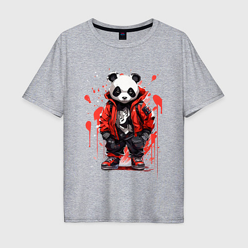 Мужская футболка оверсайз Модная панда в красной куртке / Меланж – фото 1