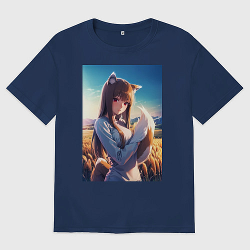 Мужская футболка оверсайз Волчица и пряности Холо в поле / Тёмно-синий – фото 1