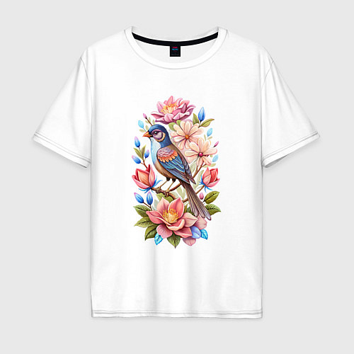Мужская футболка оверсайз Птица Калипта Анны среди цветов / Белый – фото 1