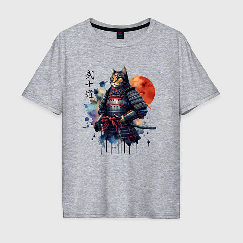 Мужская футболка оверсайз Cat samurai - bushido ai art / Меланж – фото 1