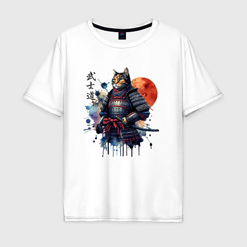 Мужская футболка оверсайз Cat samurai - bushido ai art / Белый – фото 1