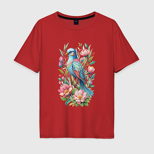 Мужская футболка оверсайз Красивая голубая птица среди цветов / Красный – фото 1