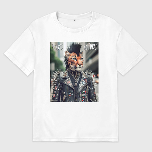 Мужская футболка оверсайз Леопард панк музыкант - нейросеть / Белый – фото 1