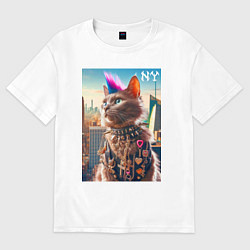 Футболка оверсайз мужская Funny cat punk from New York - ai art, цвет: белый